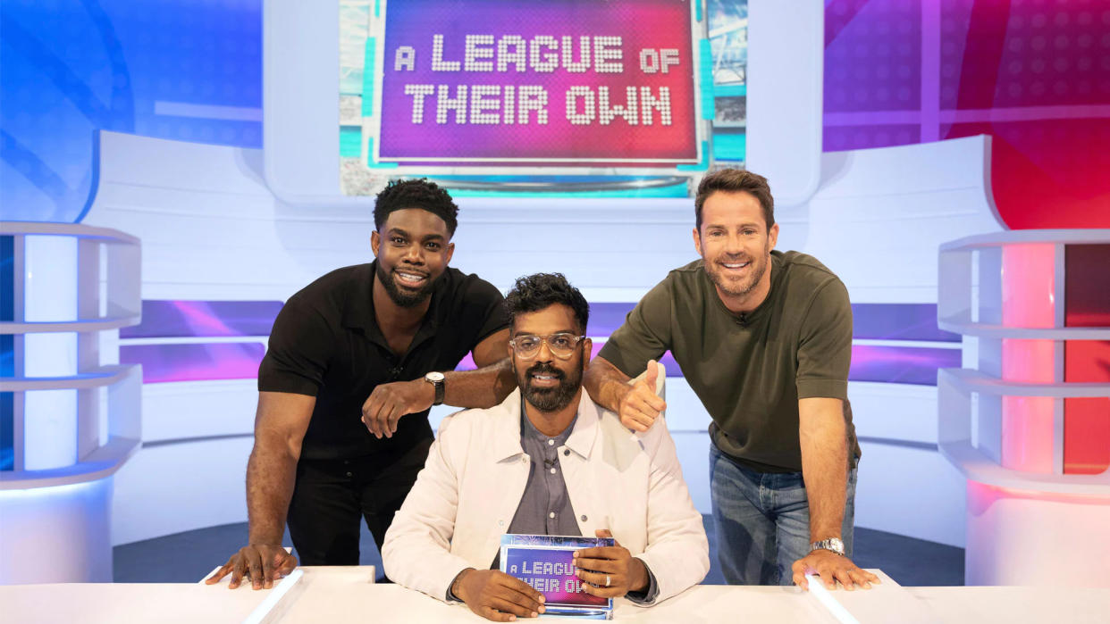 Micah Richards, Romesh Ranganathan, and Jamie Redknapp on A League of Their Own. (Sky)