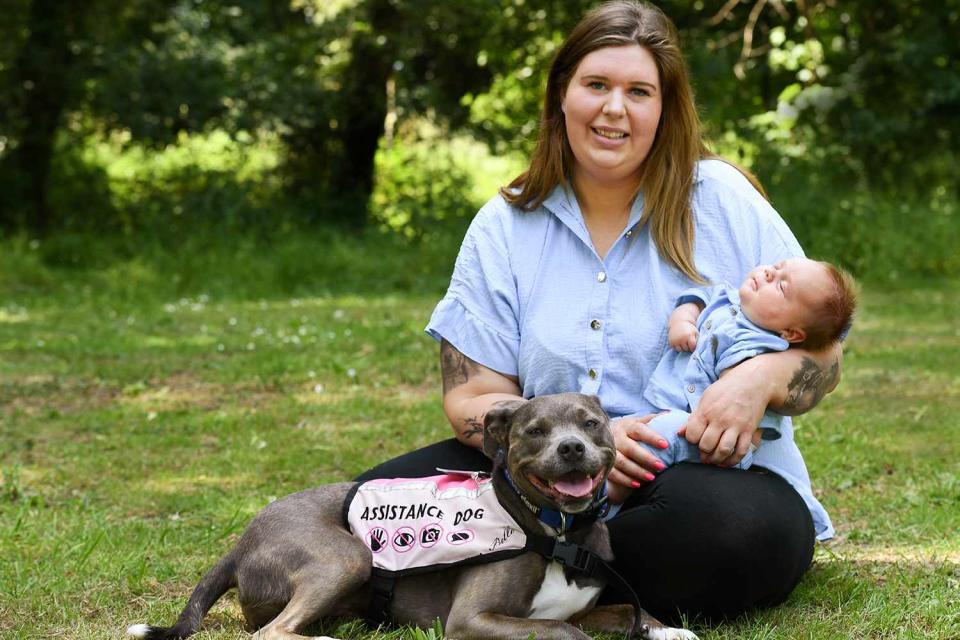 <p>Vets Now Pet of the Year 2023</p> Amee Tomkins, her therapy dog Belle and her new son Olly