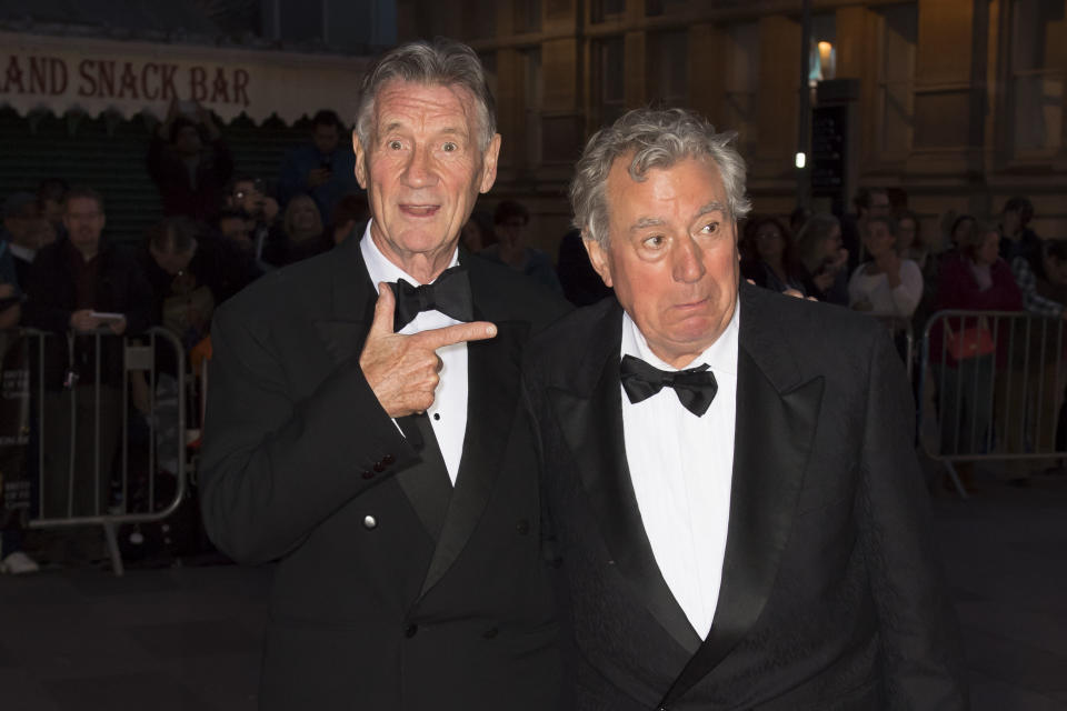 Michael Palin (L) and Terry Jones arrive for the 25th British Academy Cymru Awards at St David's Hall on October 2, 2016 in Cardiff, Wales.  (Photo by Matthew Horwood/Getty Images)