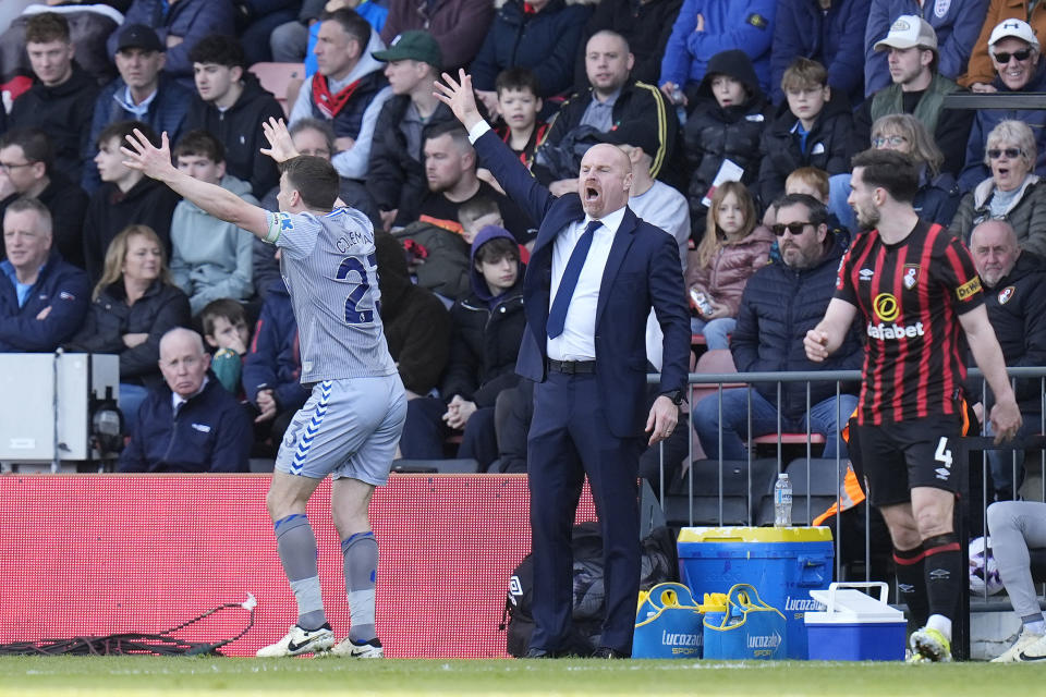 Everton's head coach Sean Dyche gestures during the English Premier League soccer match between AFC Bournemouth vs Everton at the Vitality Stadium, Bournemouth, England, Saturday, March 30, 2024. (Andrew Matthews/PA via AP)