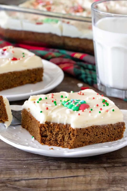 <p>Just So Tasty</p><p>These easy gingerbread cookie bars have a delicious ginger molasses flavor and a soft, chewy texture. Instead of royal icing – they’re topped with a thick layer of cream cheese frosting for the perfect Christmas treat!</p><p><strong>Get the recipe: <a href="https://www.justsotasty.com/gingerbread-cookie-bars/" rel="nofollow noopener" target="_blank" data-ylk="slk:Gingerbread Cookie Bars;elm:context_link;itc:0;sec:content-canvas" class="link rapid-noclick-resp">Gingerbread Cookie Bars</a></strong></p>