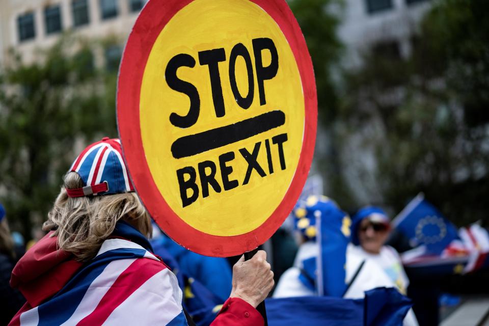 Anti-Brexit activists protest near the European Parliament in Brussels 