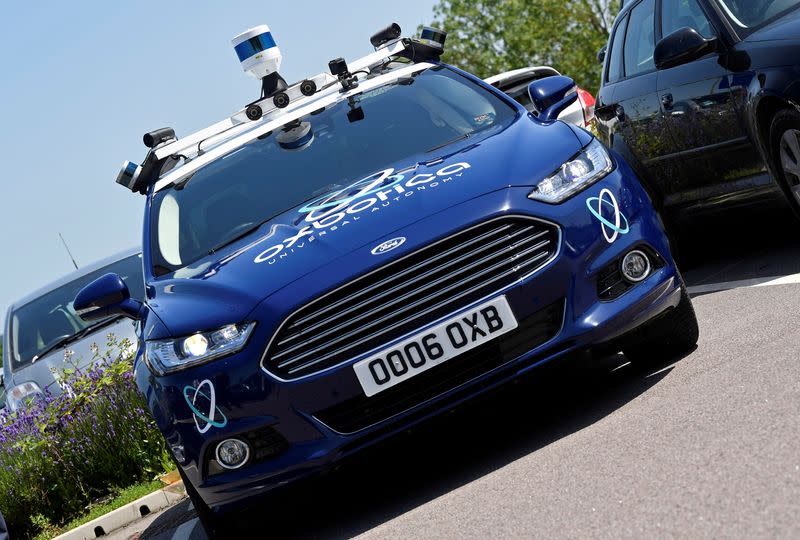 FILE PHOTO: Sensors and other driving guidance technology are seen on a passenger vehicle being used to travel autonomously using Oxbotica software during a trial on public roads in Oxford