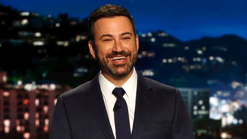 In this April 11, 2017 photo, host Jimmy Kimmel appears during a taping of "Jimmy Kimmel Live," in Los Angeles. Kimmel says his newborn son is home and doing great after open-heart surgery. A tearful Kimmel turned his show's monologue Monday, May 1, into an emotional recounting of the crisis with what Kimmel called a "happy ending." (Randy Holmes/ABC via AP)