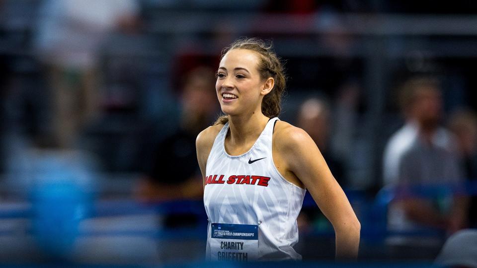 Ball State's Charity Griffith competes in the 2022 NCAA Indoor Championship in Birmingham, Alabama. Griffith earned All-American honors in the high jump and pentathlon.