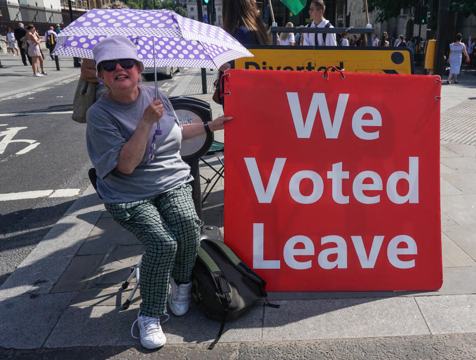 A Brexit supporter demonstrates opposite the Houses of Parliament in London, England, on July 23 2019.  (Photo by Giannis Alexopoulos/NurPhoto via Getty Images)