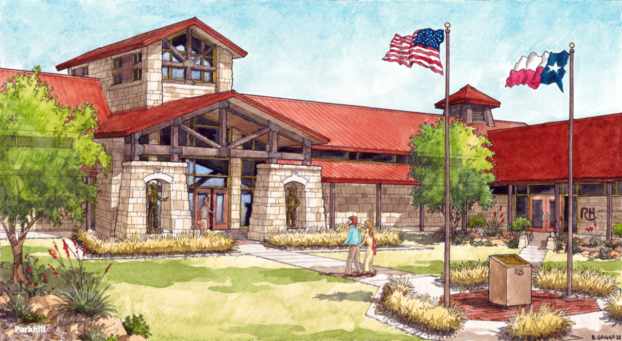 Conceptual renderings of the main entrance of the Red Steagall Institute of Western Art to be built at the National Ranching Heritage Center in Lubbock.