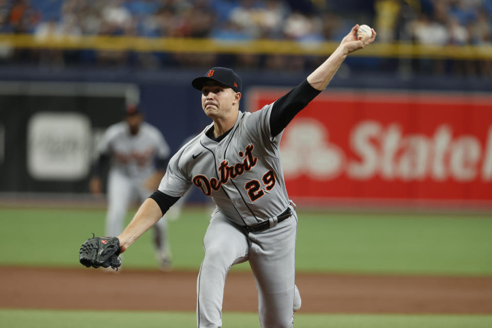 Detroit Tigers starting pitcher Tarik Skubal works from the mound against the Tampa Bay Rays during the first inning of a baseball game Saturday, Sept. 18, 2021, in St. Petersburg, Fla. (AP Photo/Scott Audette)