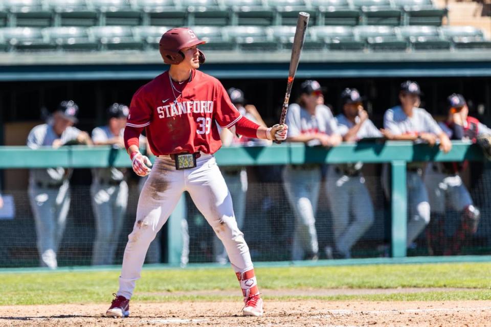 STANFORD, CA - MARCH 27: Jake Sapien during a game between University of Utah and Stanford Baseball at Sunken Diamond on March 27, 2023 in Stanford, California.