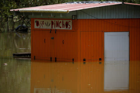 A restaurant submerged by flood waters is seen close to the dam of the Guajataca lake. REUTERS/Carlos Garcia Rawlins