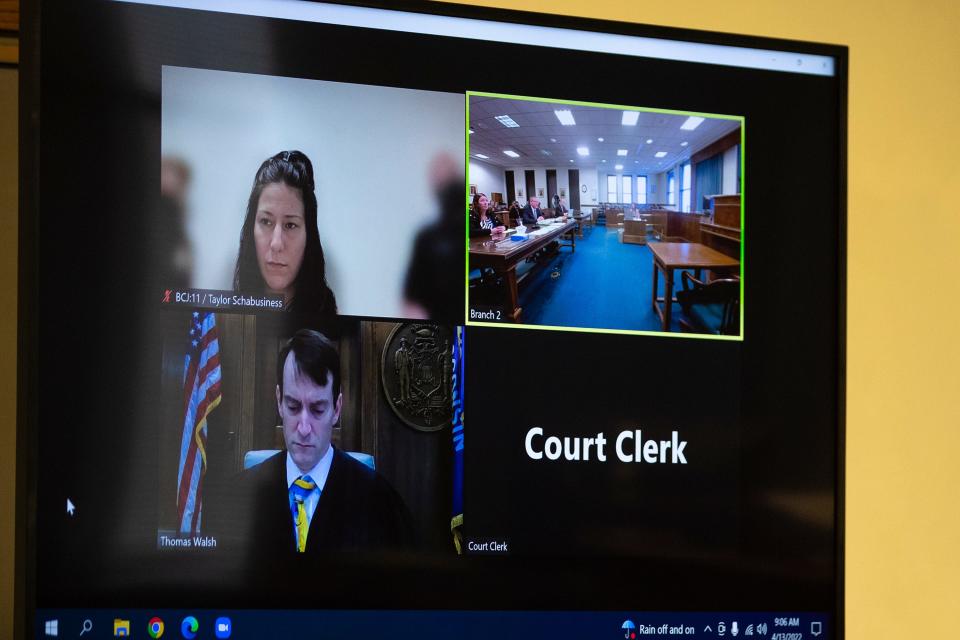 Taylor Schabusiness, 24, of Green Bay appears on Zoom with Brown County Circuit Judge Thomas Walsh on April 13, at the Brown County Courthouse in Green Bay. Schabusiness was arrested Feb. 23 and faces a first-degree intentional homicide charge. She is being held in the Brown County Jail in lieu of $2 million bail.