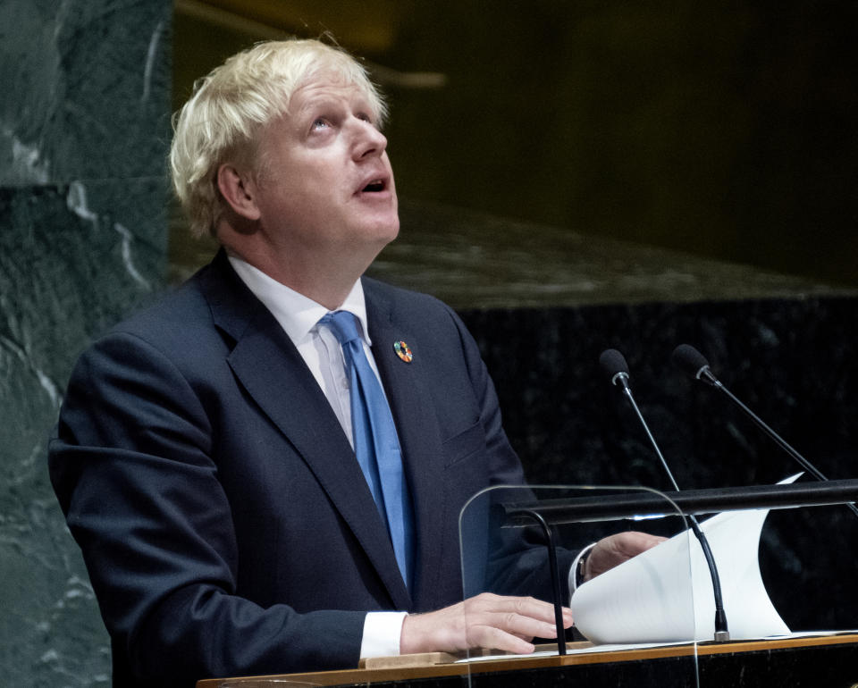British Prime Minister Boris Johnson addresses the 74th session of the United Nations General Assembly, Tuesday, Sept. 24, 2019, at the U.N. headquarters. (AP Photo/Craig Ruttle)