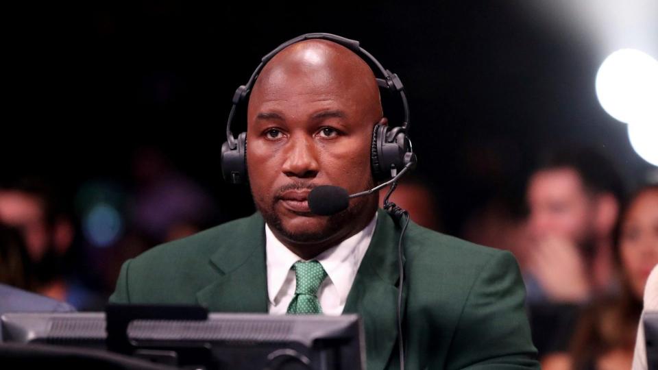 Mandatory Credit: Photo by Gregory Payan/AP/Shutterstock (10353682k)Former heavyweight champion Lennox Lewis is seen broadcasting, Saturday, August 3rd, 2019, in BrooklynStevens Omotoso Boxing, Brooklyn, USA - 03 Aug 2019.