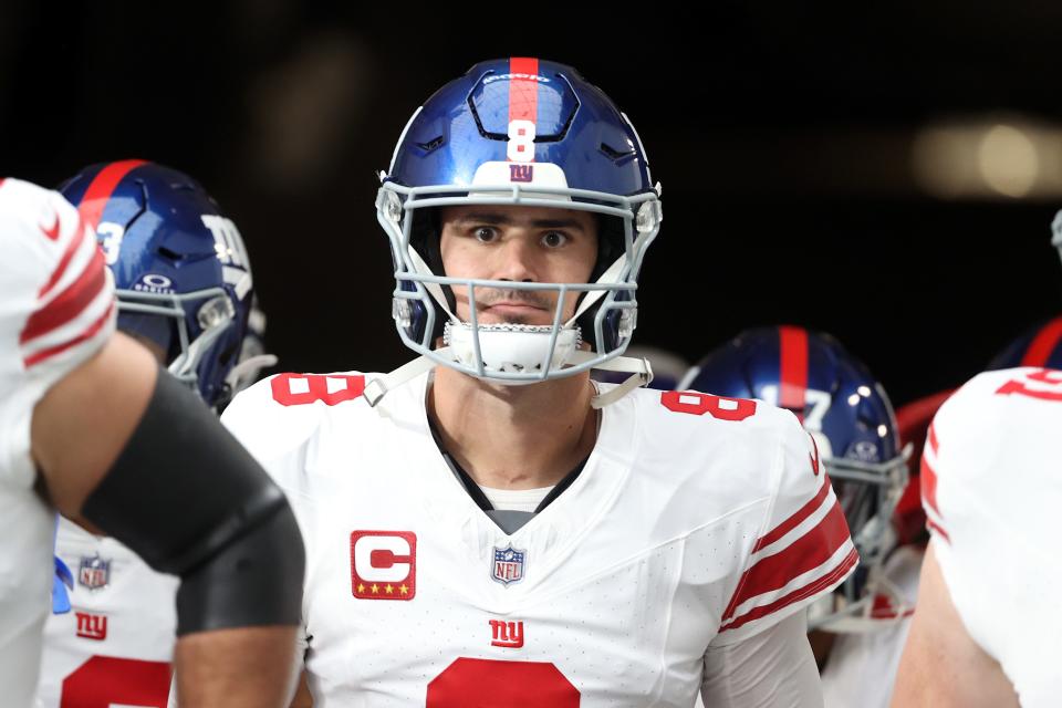 Daniel Jones #8 of the New York Giants takes the field before a game against the Las Vegas Raiders at Allegiant Stadium on November 05, 2023 in Las Vegas, Nevada.