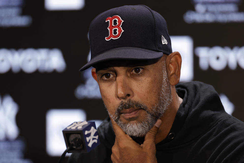 Boston Red Sox manager Alex Cora speaks to reporters on Thursday, April 7, 2022, in New York. The Red Sox will face the New York Yankees in a baseball game on Friday. (AP Photo/Adam Hunger)