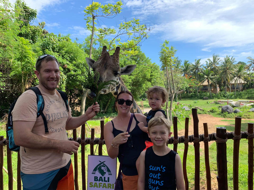 AirAsia singing pilot: Lillian Bardsley (centre), husband Phillip (left) and sons Hudson, 7, and Miller, 3, (right) were flying to Bali when their pilot burst into song.