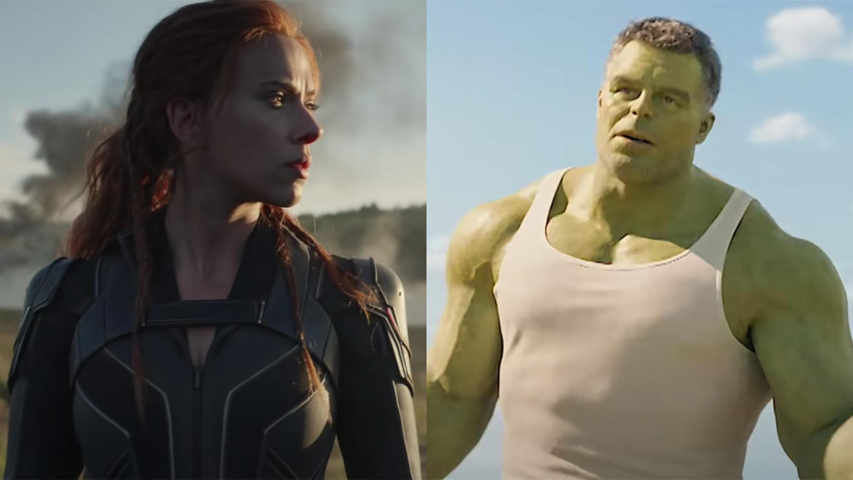  Screenshots of Scarlett Johansson in The Black Widow Movie and Mark Ruffalo in She Hulk. . 