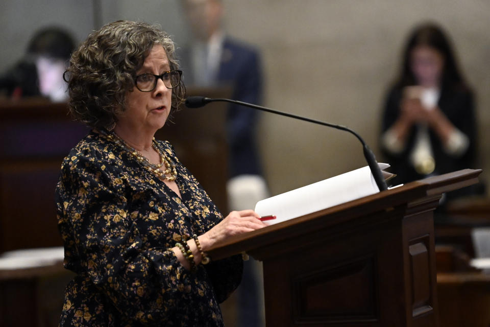 Rep. Mary Littleton, R-Dickson, talks about her bill that would require parents are notified of a student's gender identity or intention to transition to a gender different from the person's sex at birth during a legislative session of the House Monday, April 15, 2024, in Nashville, Tenn. (AP Photo/Mark Zaleski)