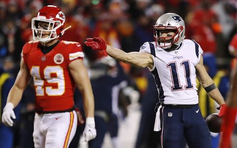 New England Patriots wide receiver Julian Edelman (11) reacts after making a catch for a first down during the first half of the AFC Championship NFL football game against the Kansas City Chiefs, Sunday, Jan. 20, 2019, in Kansas City - Credit: AP