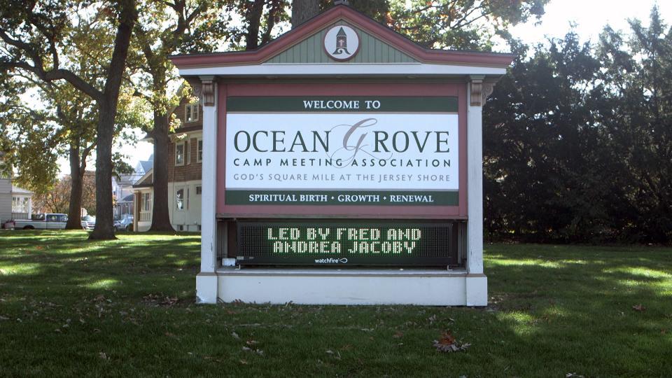 A sign greets people to Ocean Grove, nicknamed "God's Square Mile" because of its religious roots with the Ocean Grove Camp Meeting Association.