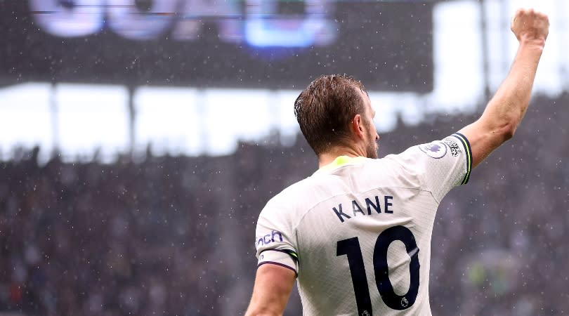  Tottenham striker Harry Kane celebrates his goal against Crystal Palace in the Premier League in May 2023. 