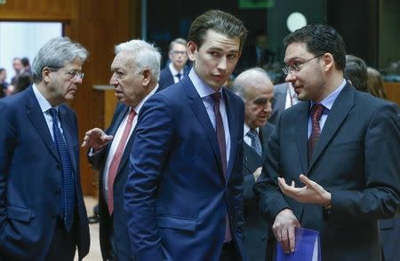 Italian Foreign Minister Paolo Gentiloni (L), Spanish Foreign Minister Jose Manuel Garcia-Margallo (2ndL). Austrian Foreign Minister Sebastian Kurz (R) and Bulgarian Foreign Minister (2ndR) Daniel Mitov attend a European Union foreign ministers meeting at the European Council in Brussels, Belgium, January 18, 2016. REUTERS/Yves Herman