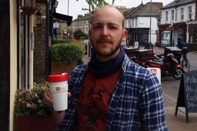 Peter Kohler with his own mug he has owned for two years. See Masons copy MNMUG: A Virgin Trains passenger was told he could not use his own mug to buy a coffee because it was not 'risk assessed'. Environmentalist Peter Kohler has carried his personal plastic mug for two years as his way of cutting back on waste from disposable mugs. But when he went to buy an Americano on Virgin's Edinburgh - London train a steward refused to fill his mug because it had not been approved by the company. Peter, 33, who runs a project called The Plastic Tide which carries out beach cleans around Britain, cancelled his order and went without the Â£1.95 drink.