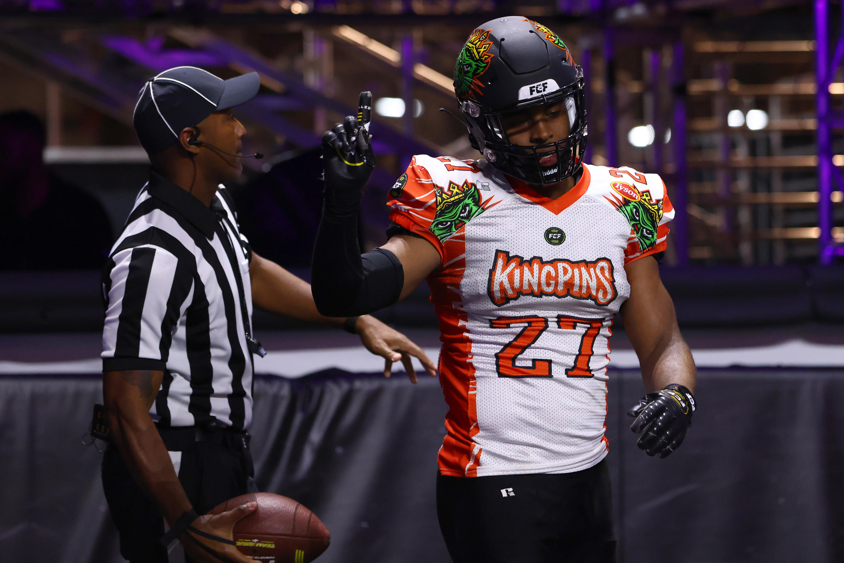 ATLANTA, GEORGIA - MAY 28: Qwan'tez Stiggers #27 of the Kingpins reacts during the second half against the Bored Ape FC during Fan Controlled Football Season v2.0 - Week Seven on May 28, 2022 in Atlanta, Georgia. (Photo by Casey Sykes/Fan Controlled Football/Getty Images)