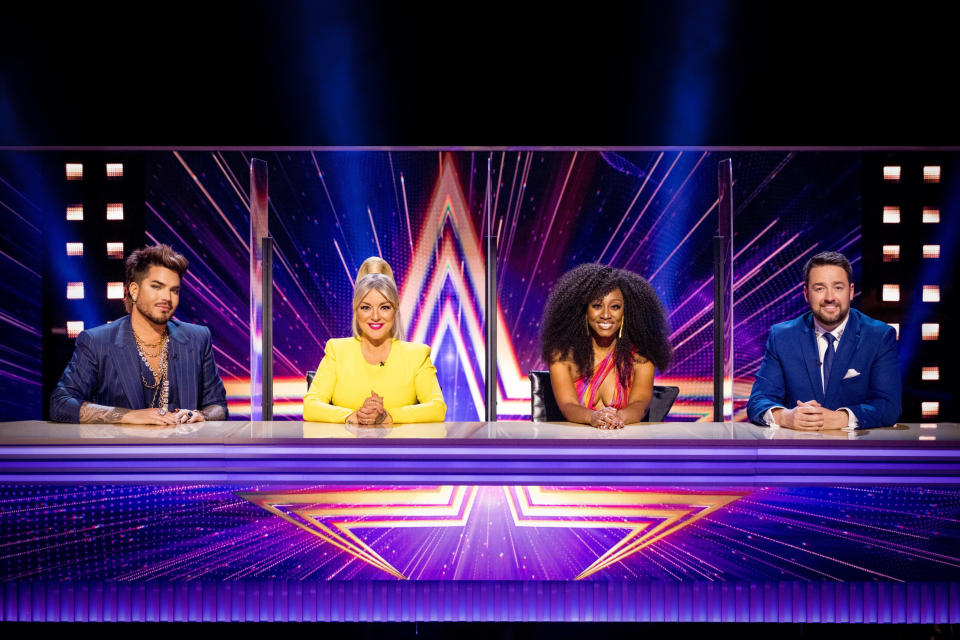 This image and the information contained herein is strictly embargoed until 00.01 Monday 7th February 2022

From Remarkable TV

Starstruck on ITV and ITV Hub

Pictured: Adam Lambert, Sheridan Smith, Beverley Knight and Jason Manford.

This photograph is (C) Remarkable TV and can only be reproduced for editorial purposes directly in connection with the programme or event mentioned above, or ITV plc. Once made available by ITV plc Picture Desk, this photograph can be reproduced once only up until the transmission [TX] date and no reproduction fee will be charged. Any subsequent usage may incur a fee. This photograph must not be manipulated [excluding basic cropping] in a manner which alters the visual appearance of the person photographed deemed detrimental or inappropriate by ITV plc Picture Desk.  This photograph must not be syndicated to any other company, publication or website, or permanently archived, without the express written permission of ITV Picture Desk. Full Terms and conditions are available on the website www.itv.com/presscentre/itvpictures/terms

For further information please contact:
james.hilder@itv.com / 0207 157 3052