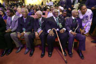 <p>Five men who took part in the Memphis sanitation workers strike in 1968 wait for a ceremony to begin at the Mason Temple of the Church of God in Christ Tuesday, April 3, 2018, in Memphis, Tenn. From left are Cleophus Smith, Ozell Eual, Elmore Nickleberry, Baxter Richard Leach, and Rev. Leslie R. Moore. The church is where Rev. Martin Luther King Jr. delivered his final speech, which contained the phrase, “I’ve been to the mountaintop,” on April 3, 1968, the night before he was assassinated. King was in Memphis to support the striking workers. (Photo: Mark Humphrey/AP) </p>