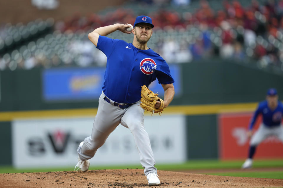 Chicago Cubs pitcher Jameson Taillon throws against the Detroit Tigers in the first inning of a baseball game, Wednesday, Aug. 23, 2023, in Detroit. (AP Photo/Paul Sancya)