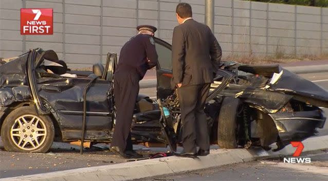 The stolen Ford crashed into a concrete divide. Source: 7 News