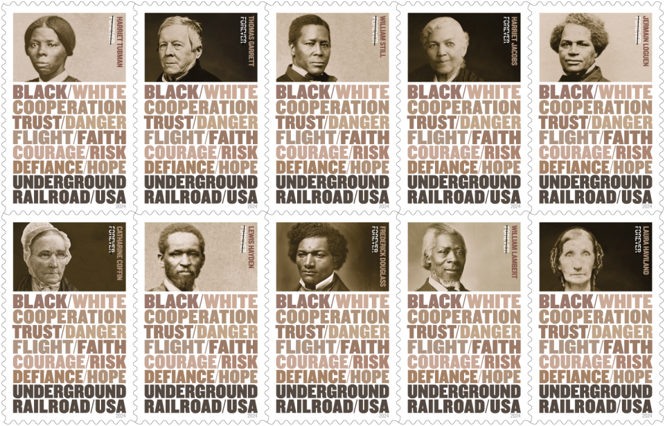 The U.S. Postal Service revealed dozens of stamp designs for 2024 on Oct. 23. These stamps commemorate the Underground Railroad by featuring 10 sepia-toned portraits of men and women who escaped slavery and/or helped others escape, with related words below.