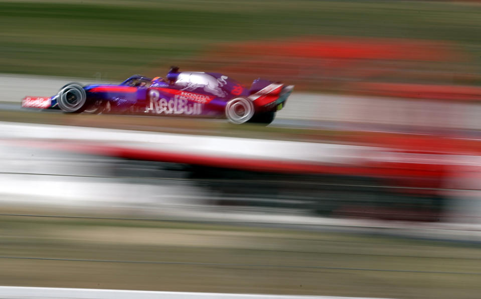 Toro Rosso driver Alexander Albon of Thailand steers his car during a Formula One pre-season testing session at the Barcelona Catalunya racetrack in Montmelo, outside Barcelona, Spain, Tuesday, Feb.19, 2019. (AP Photo/Manu Fernandez)