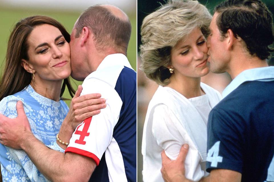 <p>Samir Hussein/Getty, Tim Graham Photo Library/Getty</p> Kate Middleton and Prince William share a kiss on the polo pitch in July 2023, like Princess Diana and then-Prince Charles did in June 1985.