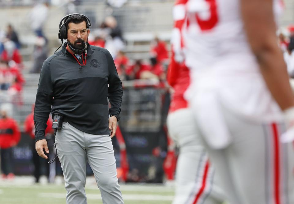Ohio State Buckeyes head coach Ryan day watches from behind the line of scrimmage during the spring game at Ohio Stadium in Columbus on Saturday, April 17, 2021. 