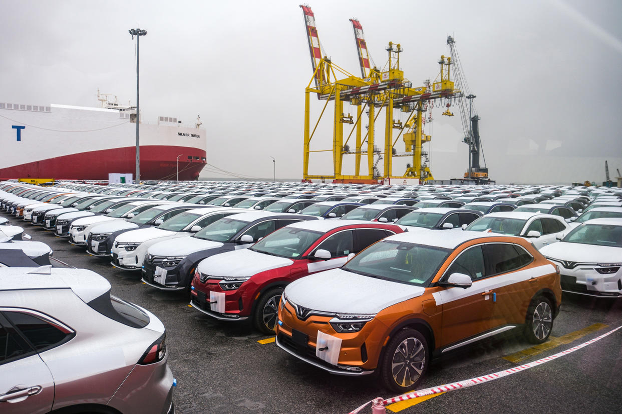 VinFast LLC's VF8 electric vehicles bound for shipment to the U.S. at a port in Haiphong, Vietnam (Linh Pham / Bloomberg via Getty Images)