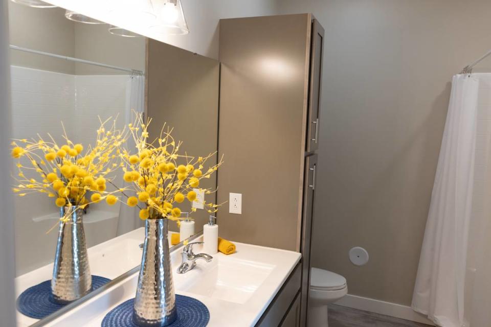 Inside the in-suite bathroom of a large ranch house in the new Lansdowne Park subdivision in East St. Louis, Ill. on May 4, 2024.