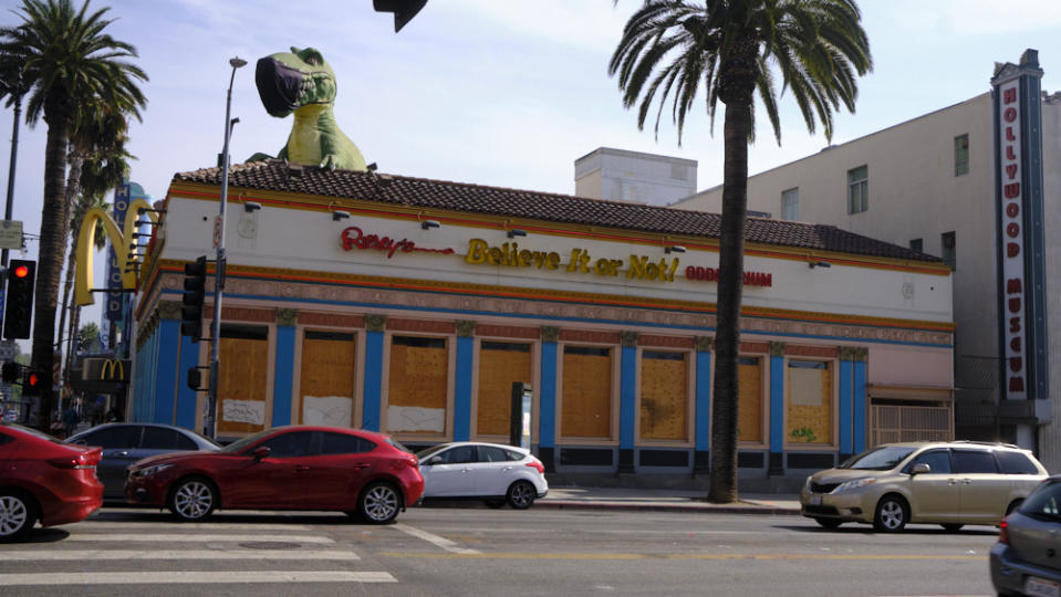 Hollywood Blvd is boarded up in preparation of election day unrest on November 3, 2020 in Los Angeles, California.