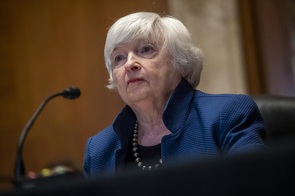 Secretary of Treasury Janet Yellen testifies during a Senate Appropriations Subcommittee hearing to examine the FY 2022 budget request for the Department of the Treasury, Wednesday, June 23, 2021, on Capitol Hill, in Washington. (Shawn Thew/Pool via AP)