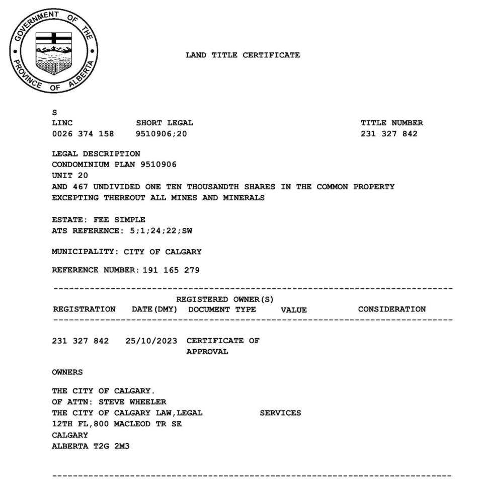 The land title for one of the townhomes in Eau Claire, showing the city as owner as of October 25, 2023. The city expropriated 21 of the 23 properties as part of the Green Line LRT project.