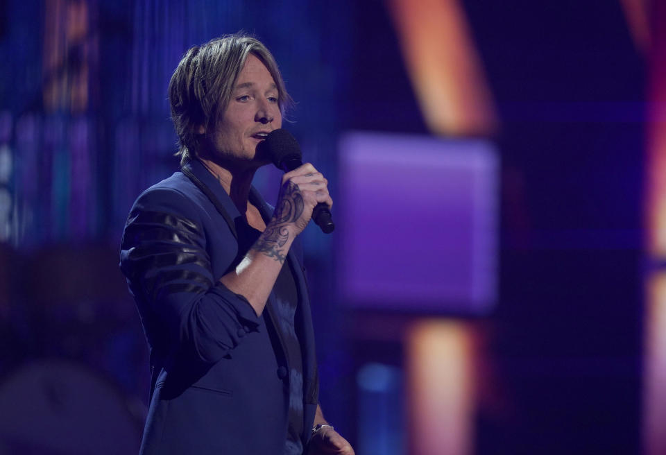 Host Keith Urban speaks at the 56th annual Academy of Country Music Awards on Sunday, April 18, 2021, at the Grand Ole Opry in Nashville, Tenn. (AP Photo/Mark Humphrey)