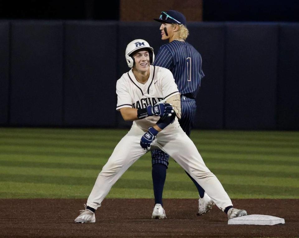 Flower Mound center fielder Sam Erickson (21) reacts after reaching second during the Conference 6A Region 1 Semi-final baseball playoffs at Dallas Baptist University in Dallas, Texas, Friday May 24, 2024.