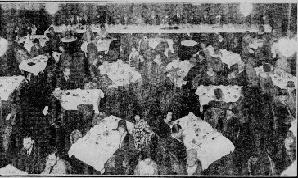 The 100 members of the Binghamton Civic Music Association meet for dinner in 1930.