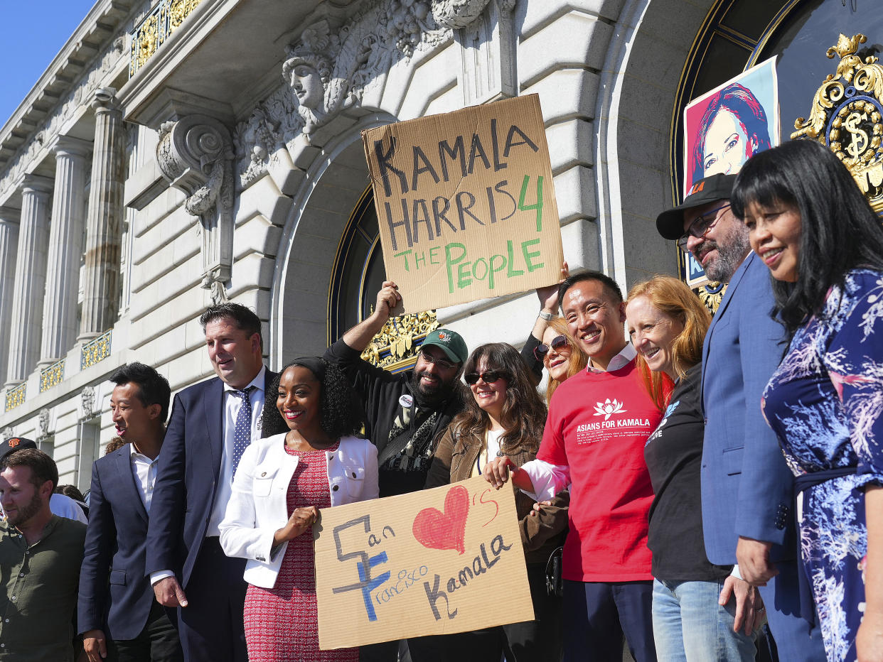 Supporters of Vice President Kamala Harris, a candidate for the Democratic presidential nomination, during a rally in support of her outside of City Hall in San Francisco, on Monday, July 22, 2024. (Jim Wilson/The New York Times)