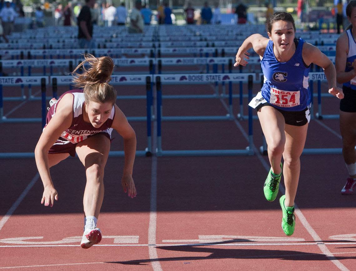 As a senior at Centennial, Sofia Huerta dove for the finish line to edge Coeur d’ Alene’s Morgan Struble for the 5A state title in the 100 hurdles by .04 seconds. Darin Oswald/doswald@idahostatesman.com