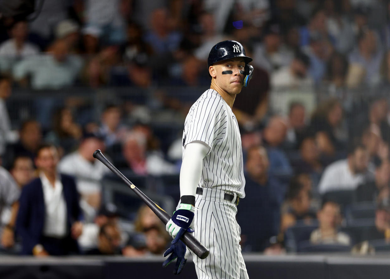 NEW YORK, NEW YORK - SEPTEMBER 21:  Aaron Judge #99 of the New York Yankees takes his turn at bat in the seventh inning against the Pittsburgh Pirates at Yankee Stadium on September 21, 2022 in the Bronx borough of New York City. (Photo by Elsa/Getty Images)