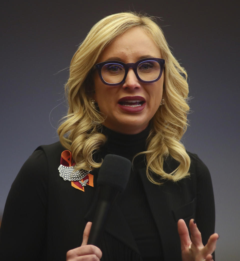 FILE- In this April 23, 2019, file photo, state Sen. Lauren Book, D-Plantation, debates a bill in Tallahassee, Fla. Book, known as a champion for child sexual abuse victims, asked Florida Gov. Ron DeSantis on Tuesday, July 23, 2019, to authorize a state investigation into the circumstances of convicted sex offender Jeffrey Epstein's freedom to leave jail on work release. (AP Photo/Phil Sears, File)