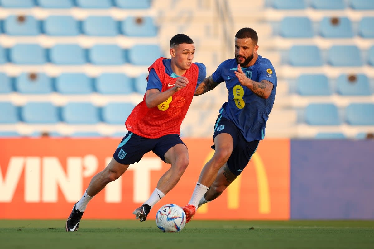 Phil Foden in training against Manchester City defender Kyle Walker (The FA via Getty Images)