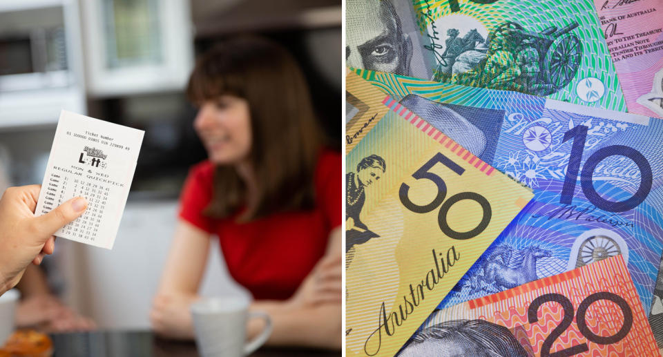 Left, lottery ticket held up beside a woman sitting at a table with a cup of coffee. Right, Australian notes scattered. 